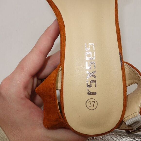 NEW rsxses Suede Platform Heels Sandals Peep Toe Brown Women's 6.5 - Picture 7 of 7